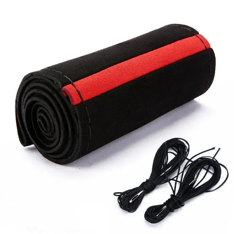 Black wool microfiber steering wheel cover with red accent line on 38cm diameter steering wheel