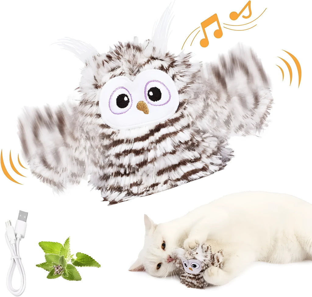 Grey automatic chirping owl cat toy with flapping wings
