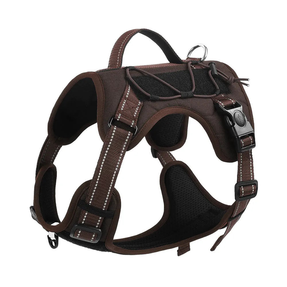 Orange reflective dog harness with an integrated black hand holding rope leash and explosion-proof breast strap.