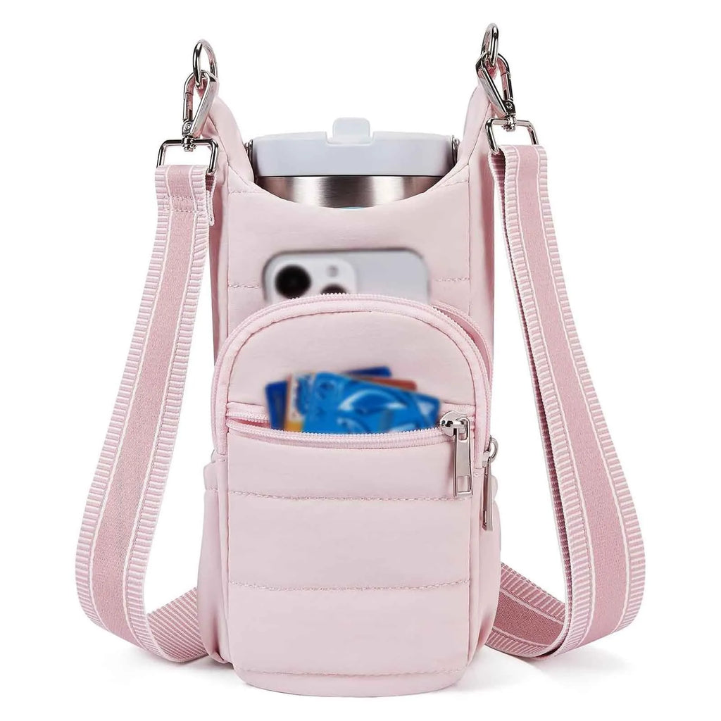 Cloth bicycle water bottle bag in modern simplicity style shown in black, pink, and beige colour options