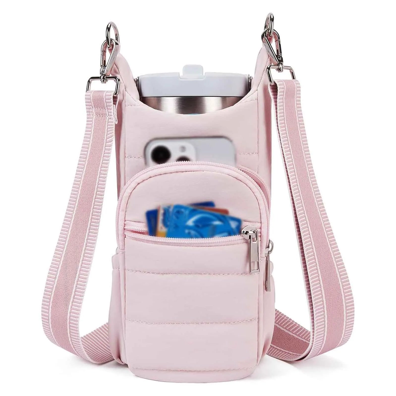 Cloth bicycle water bottle bag in modern simplicity style shown in black, pink, and beige colour options