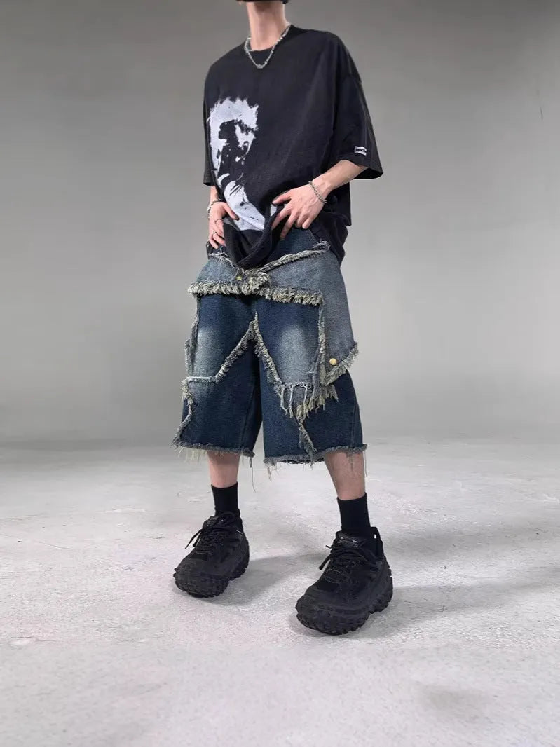 Blue men's denim shorts with frayed five-pointed star design and loose-fit summer styling