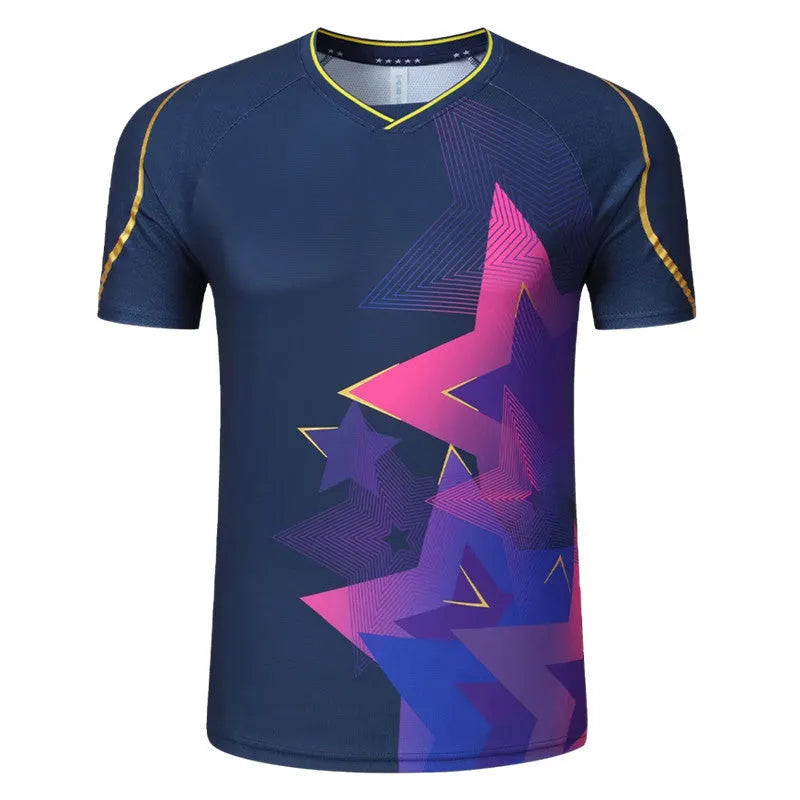 Men's and women's badminton competition sportswear set with short-sleeved polyester jacket and matching trousers.