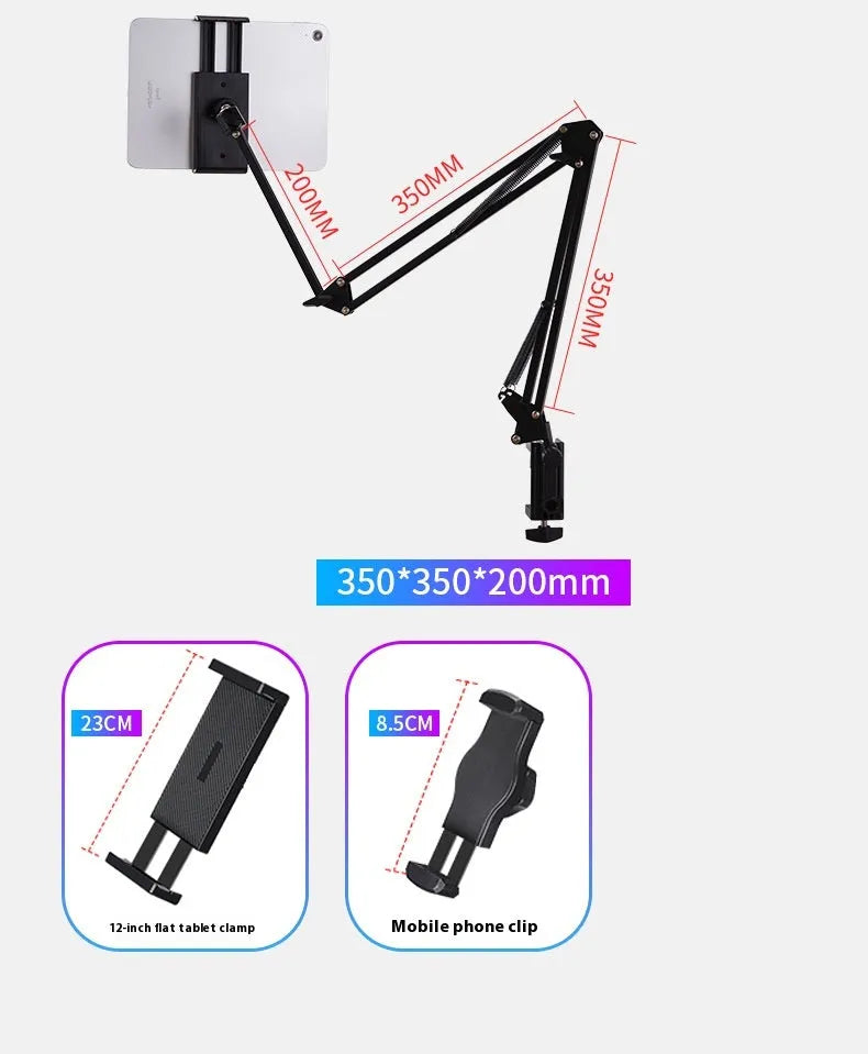 Black foldable desktop cantilever bracket with adjustable arm holding tablet