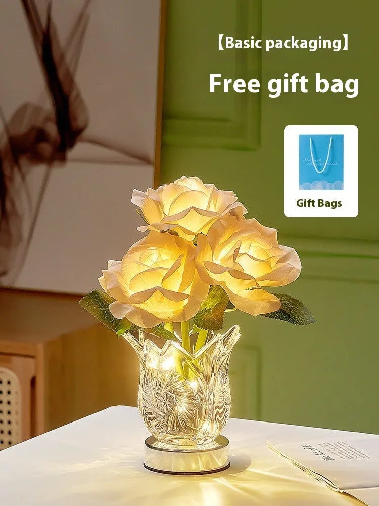 Modern Crystal Flowers rechargeable touch-control dimmable bedside table lamp with USB cable.