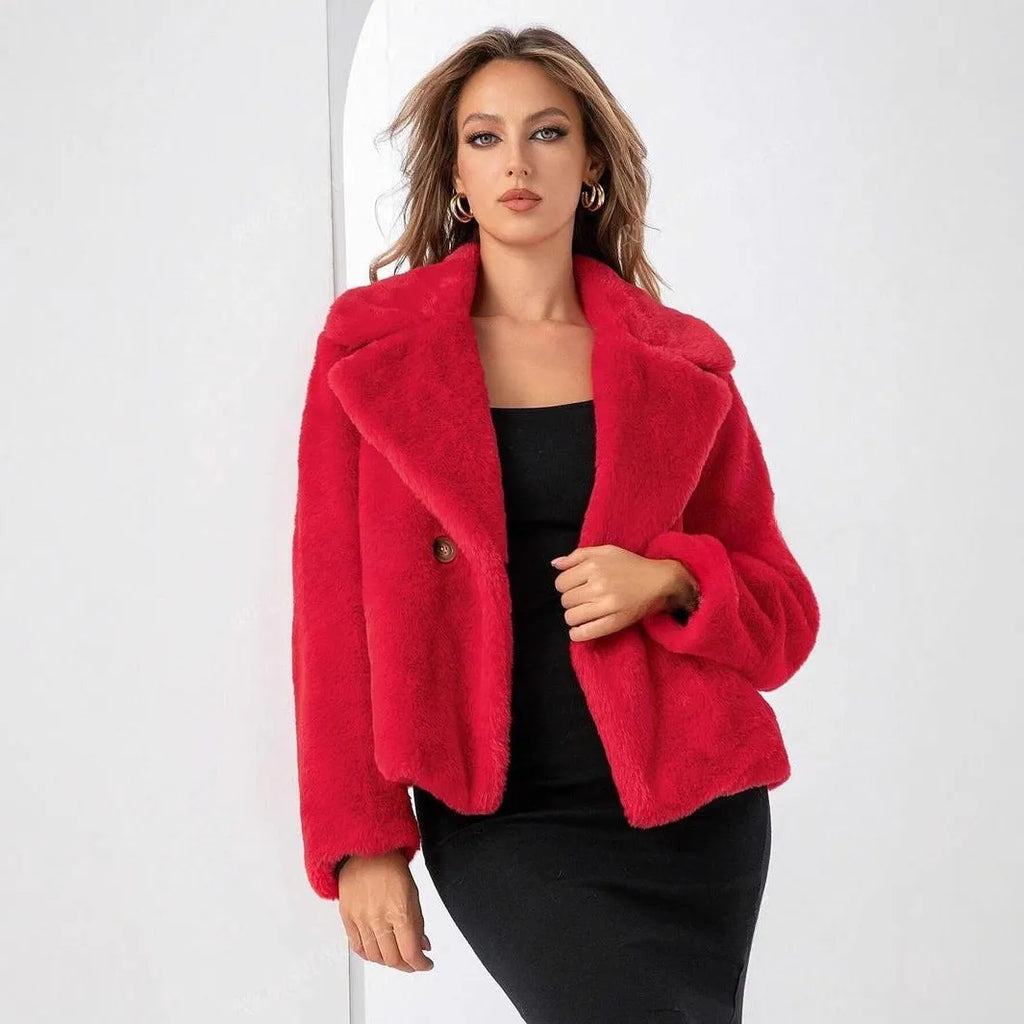 Rose red loose women's faux fur coat with regular sleeves on a hanger