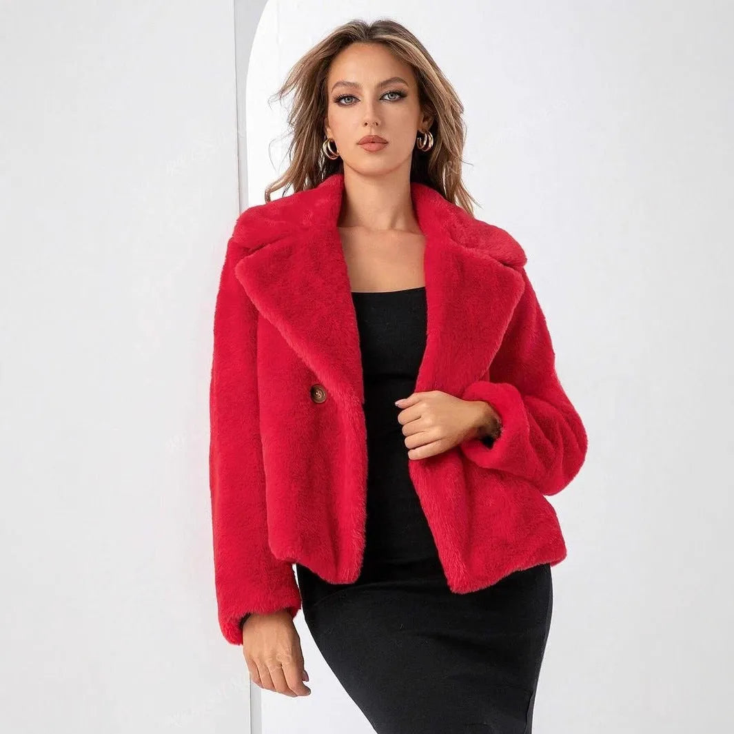 Rose red loose women's faux fur coat with regular sleeves on a hanger