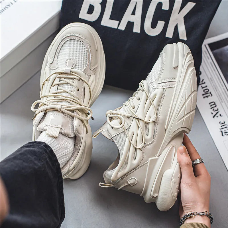 Men's low-top sneaker in beige with mesh upper, PU leather details, and rubber sole