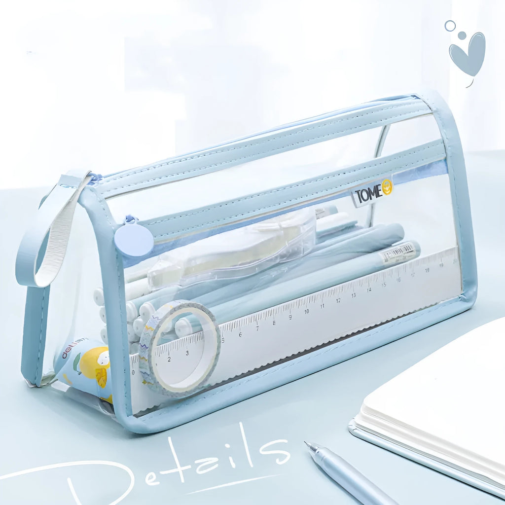 Transparent double-layer pencil case showing interior compartments in blue colour variant