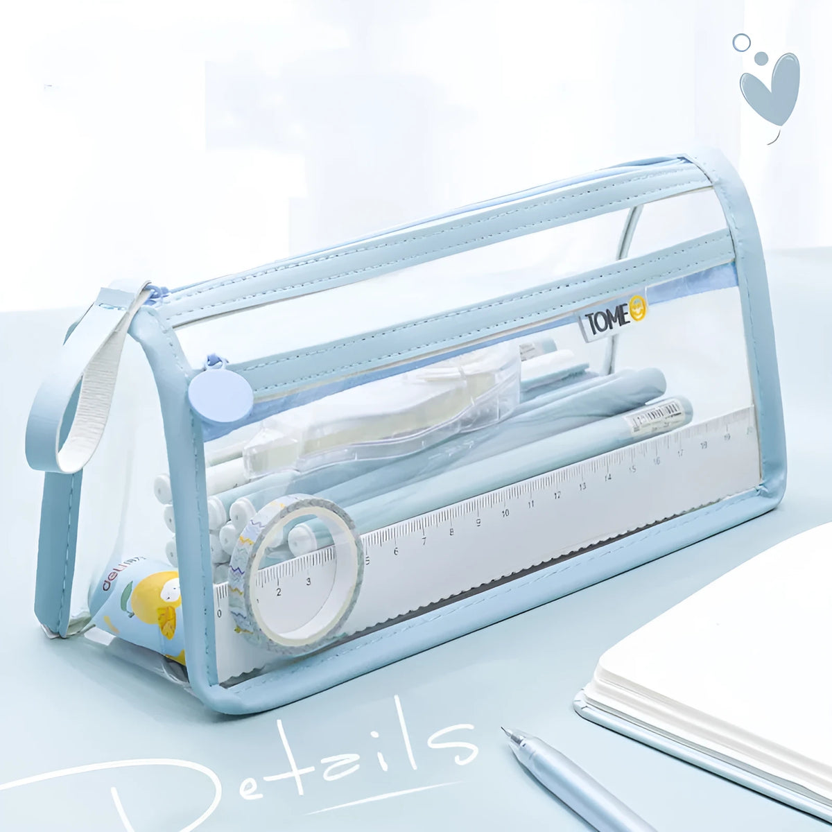 Transparent double-layer pencil case showing interior compartments in blue colour variant